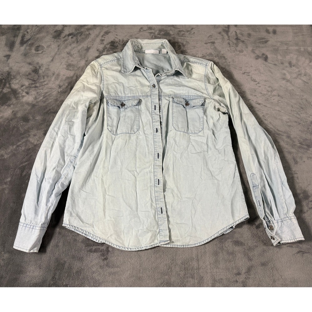 New York & Company Womens Light Wash Denim Button Down Shirt S Blue Roll Tab